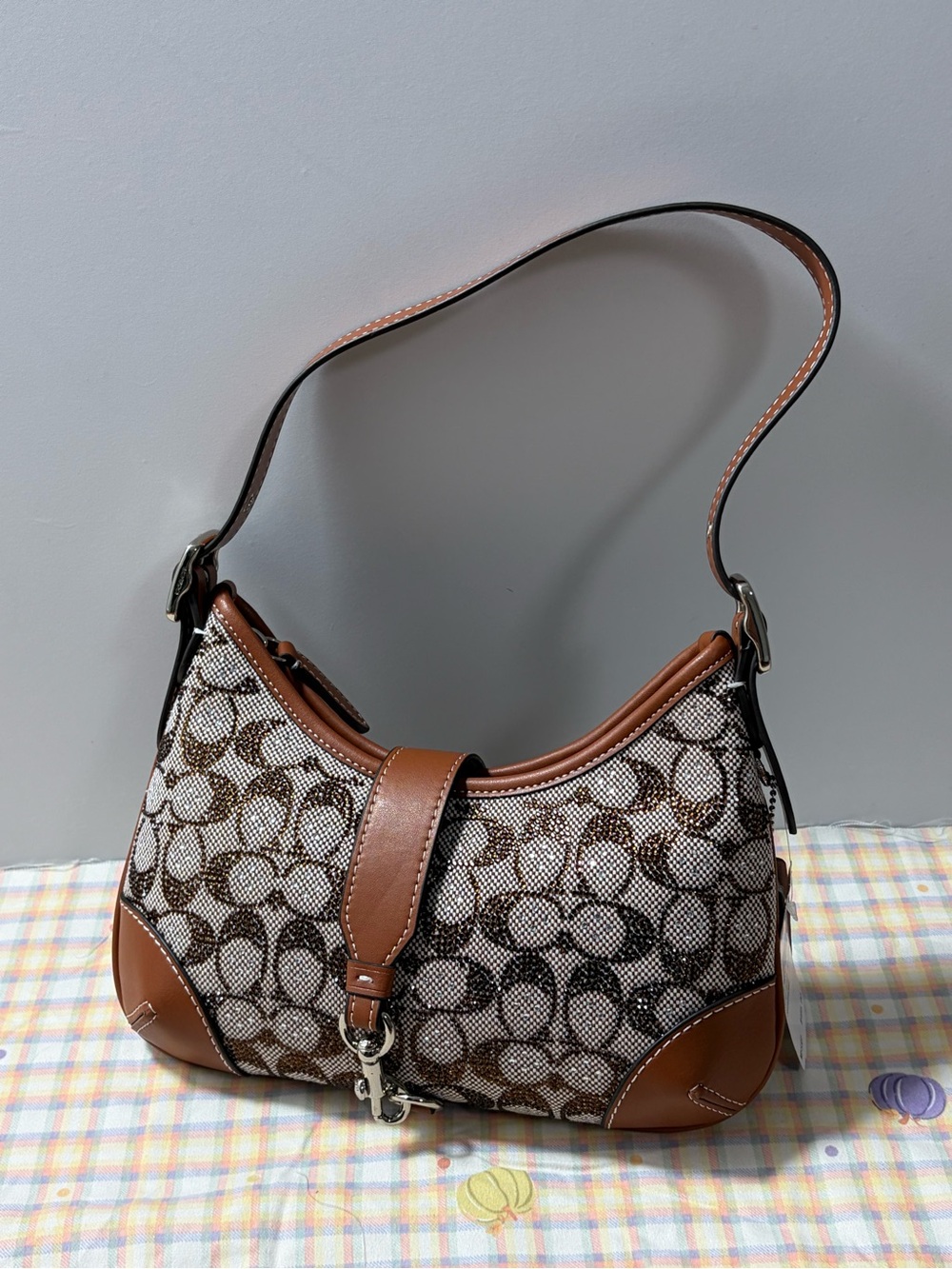 Coach Brown Logo Jacquard Shoulder Bag with Leather Trim
